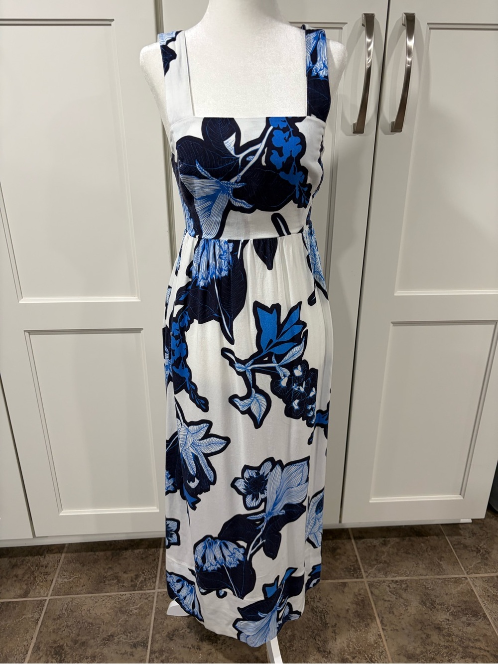 Stateside Sleeveless White Maxi Dress with Blue Floral Print
